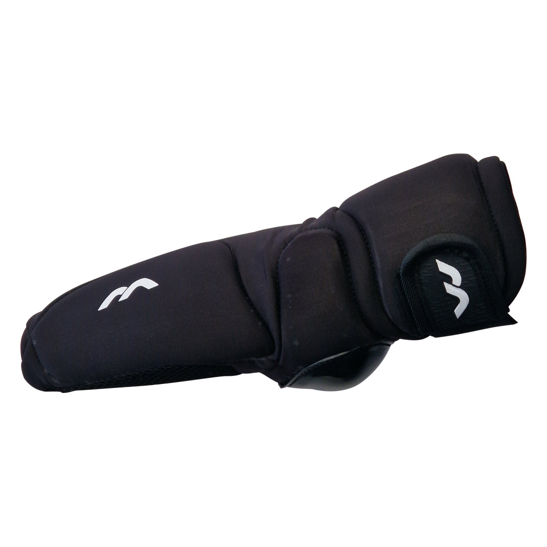 Black elbow pad with a logo on a white background