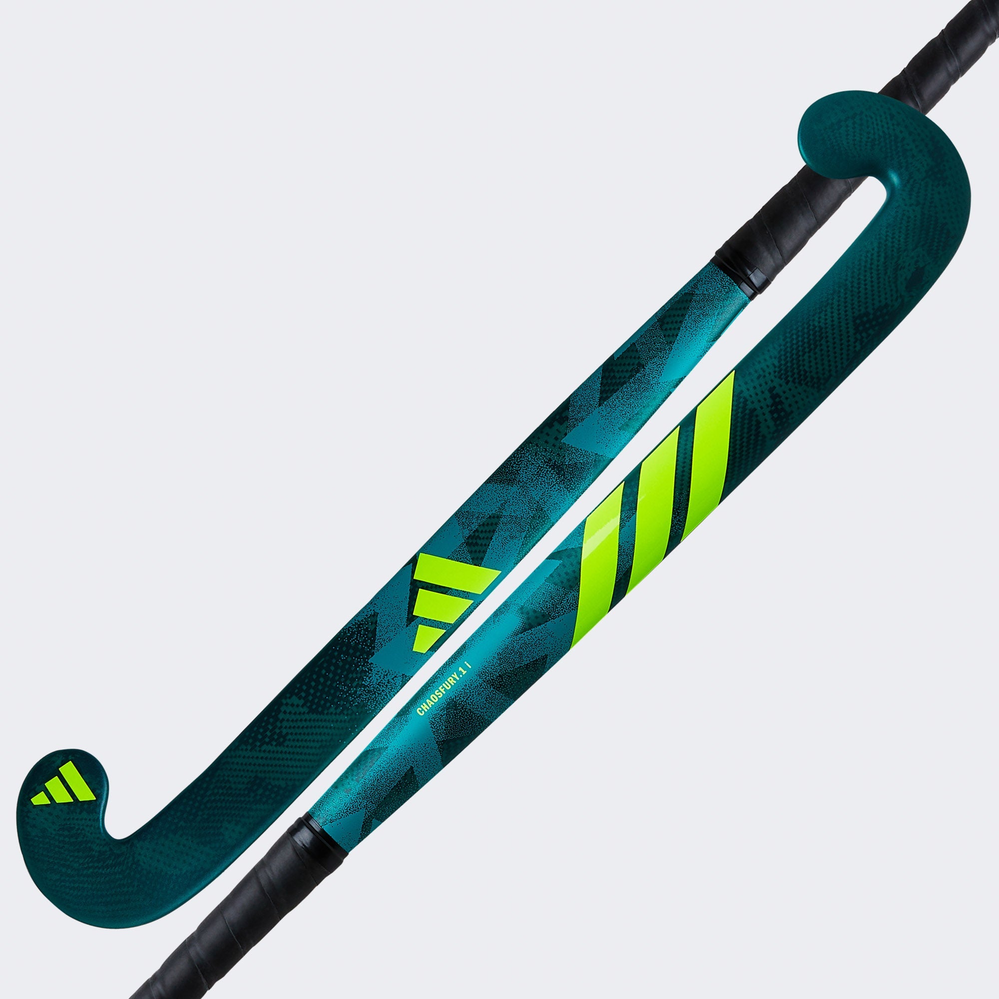 Green and black hockey stick with brand logo on a light gray background