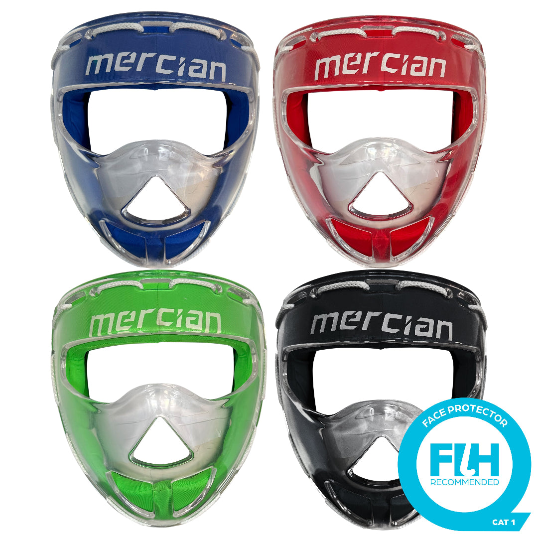 Four Mercian face protectors in blue, red, green, and black with a FIH Recommended badge on a white background.