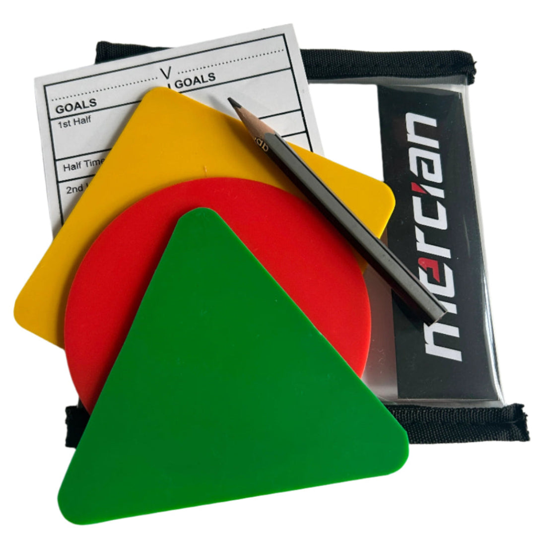 Colorful plastic markers with a pencil and a sheet of paper on a white background, featuring the brand 'Mercian'.