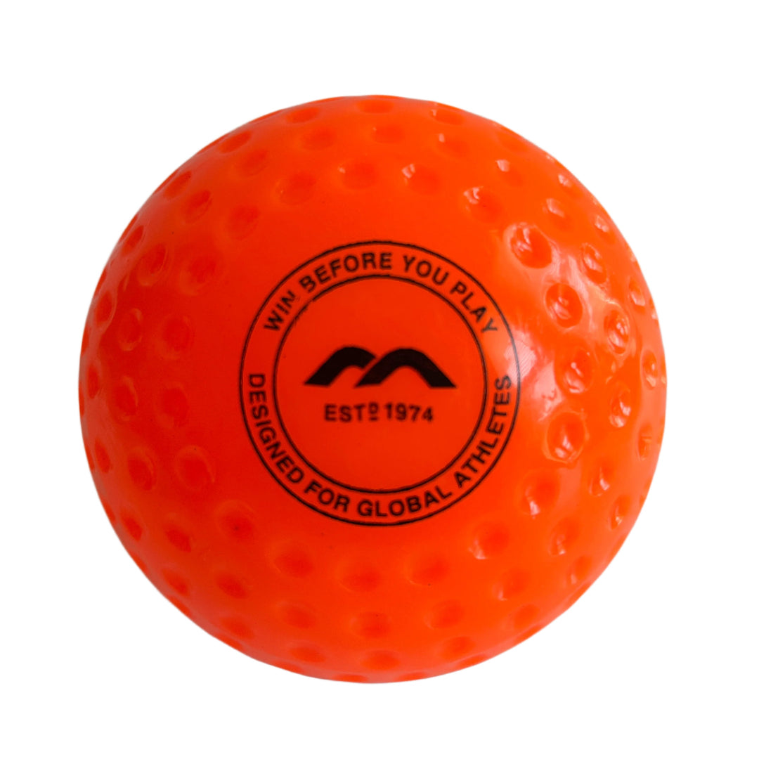 Orange field hockey ball with black text and logo on a white background