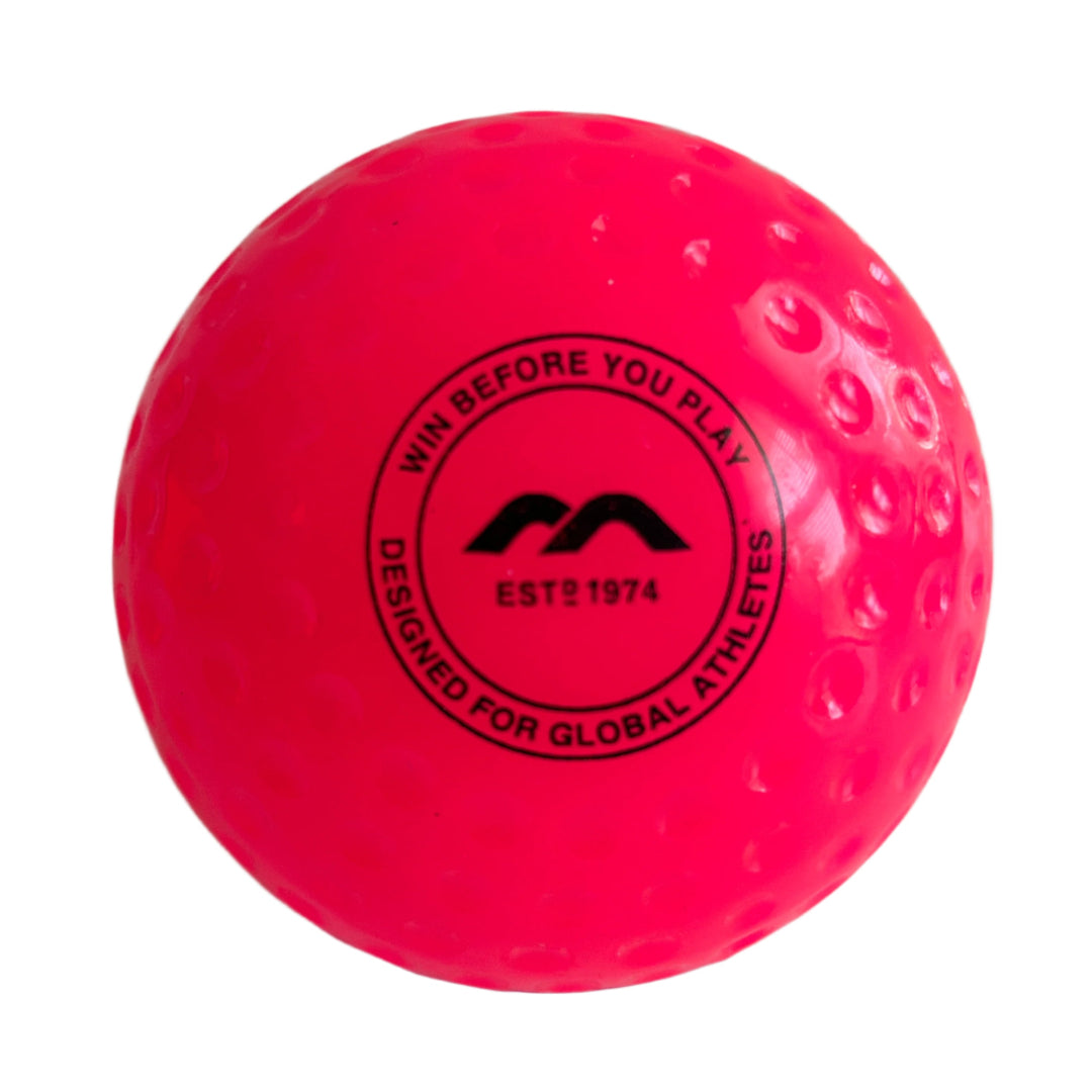 Pink field hockey ball with black text and logo on a light white background