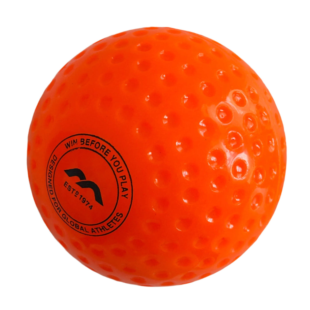 Orange sports ball with a black logo on a light gray background