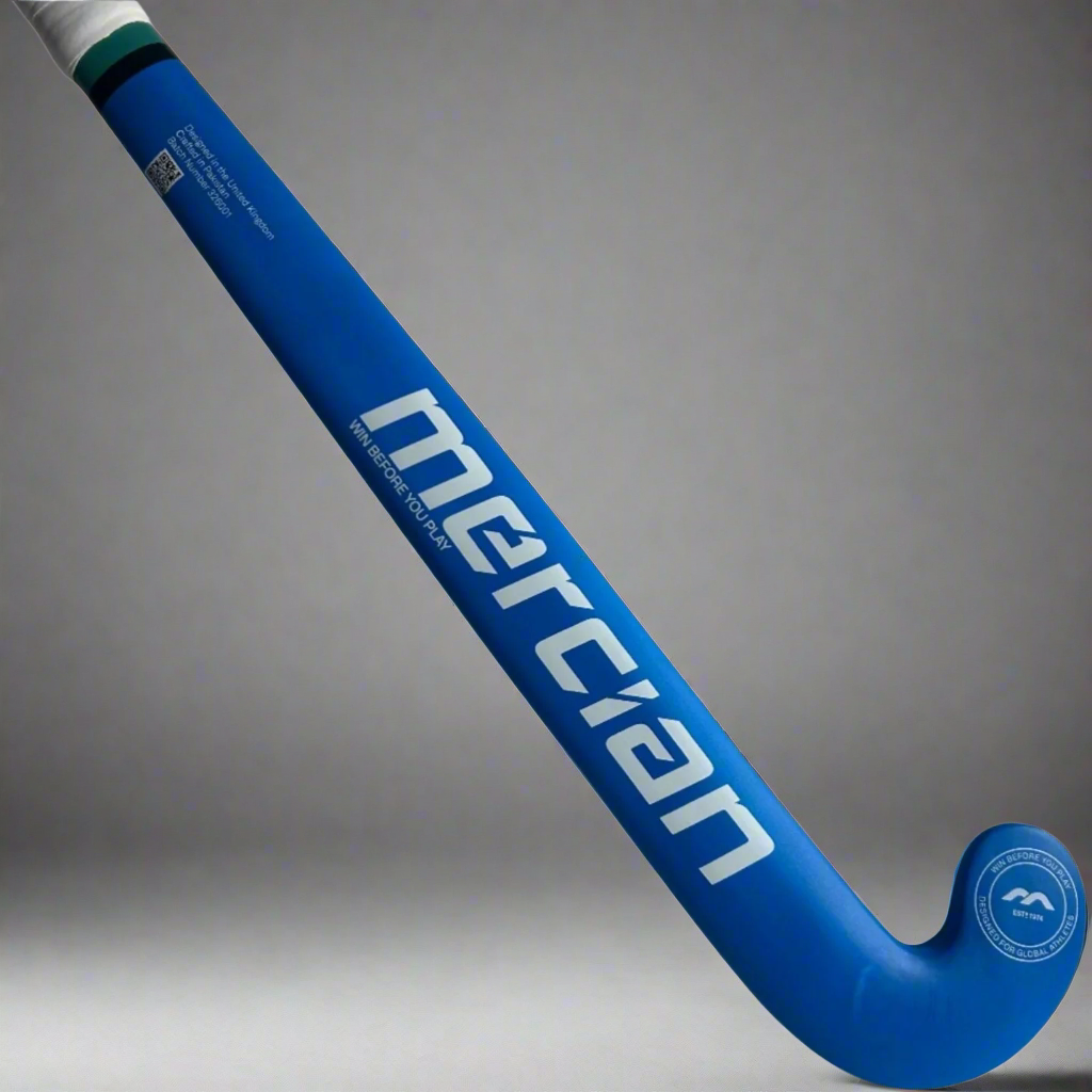 A blue Mercian indoor hockey stick with the brand name 'Mercian' printed in white letters.