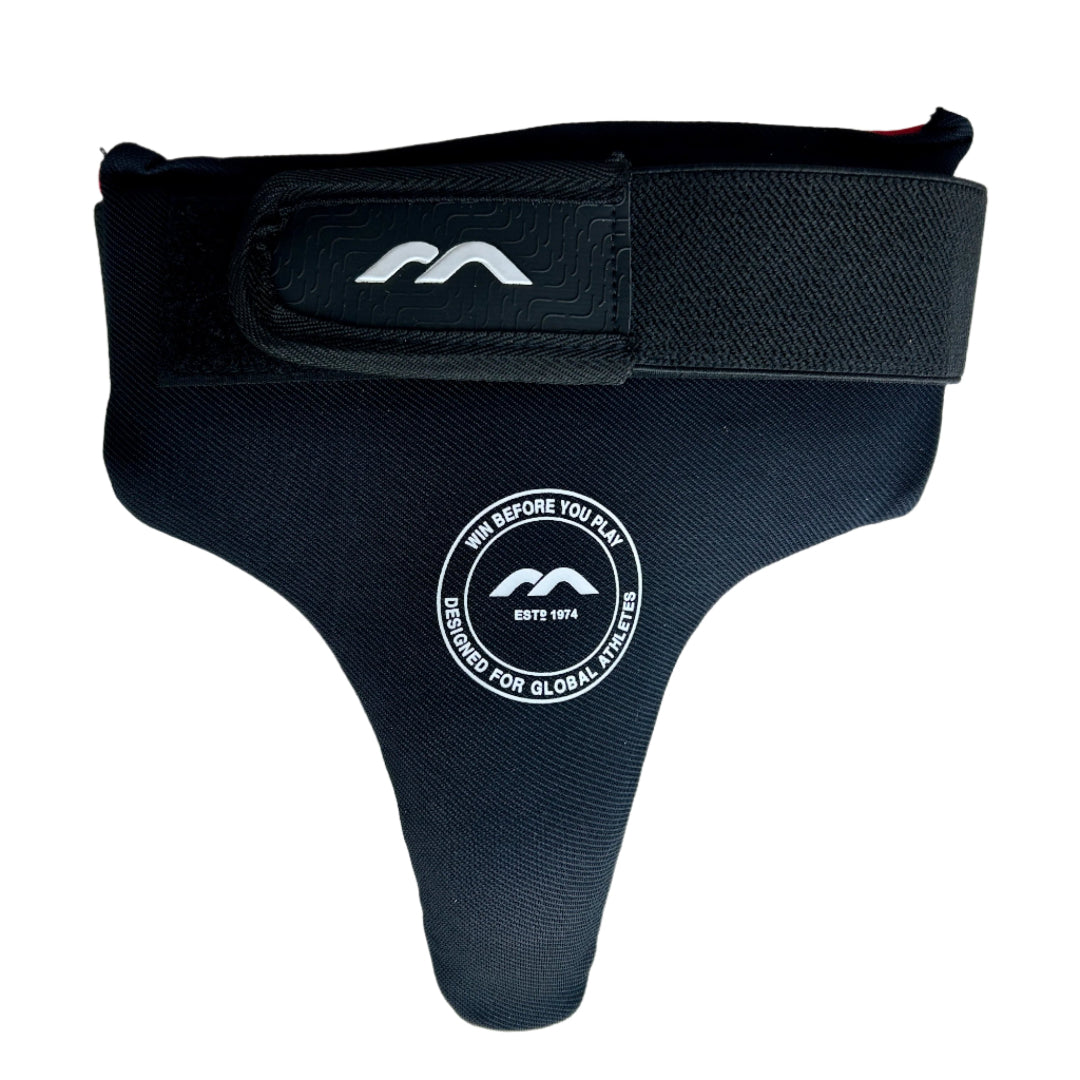 Black field hockey protective gear with a logo on a white background