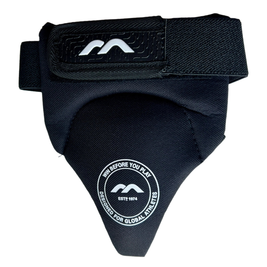Black field hockey pelvic protector with branding on a white background