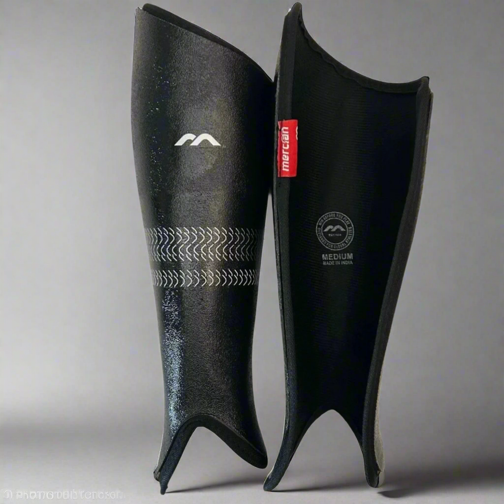 A pair of black shin guards with a geometric pattern and brand logos.