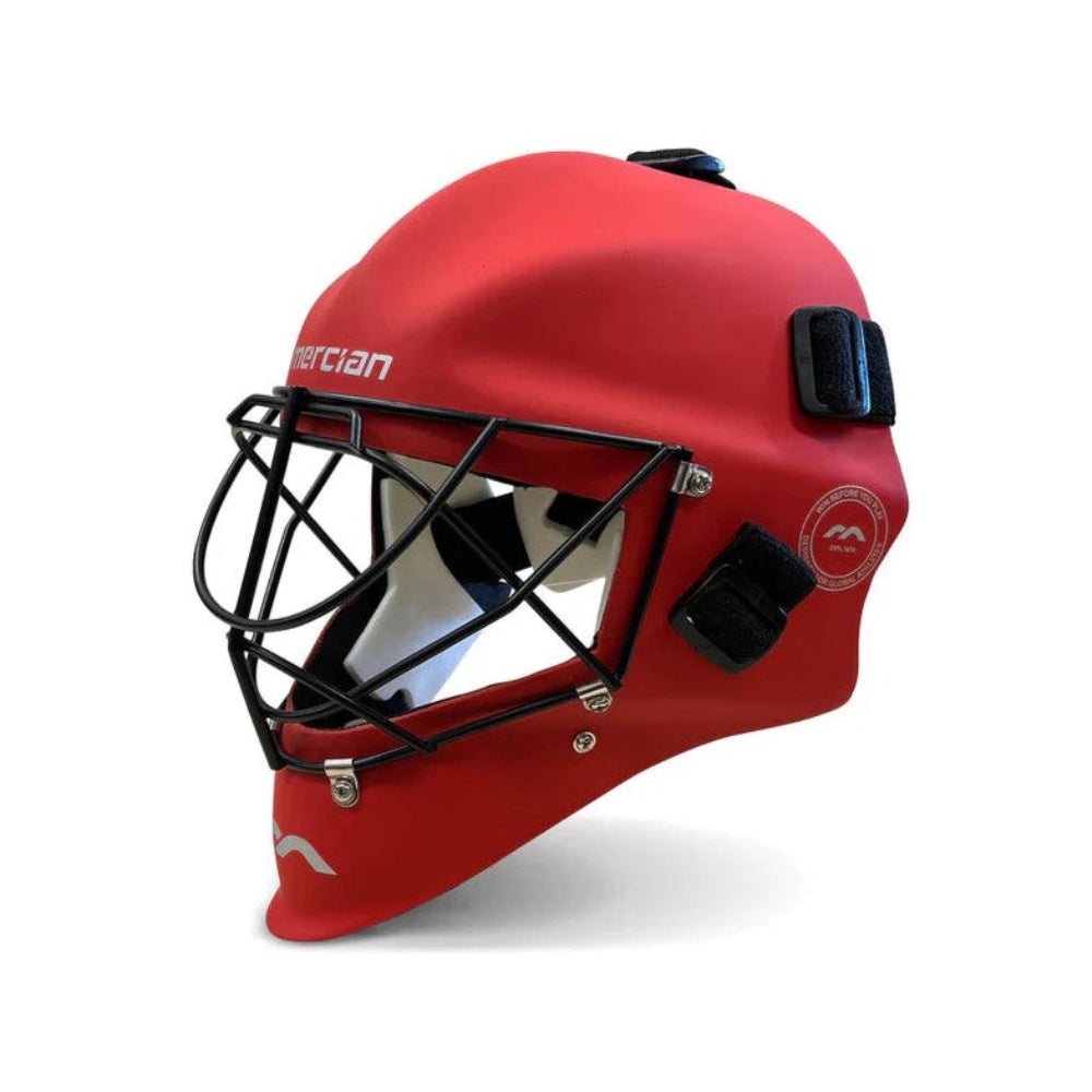 Red helmet with black face guard on a white background