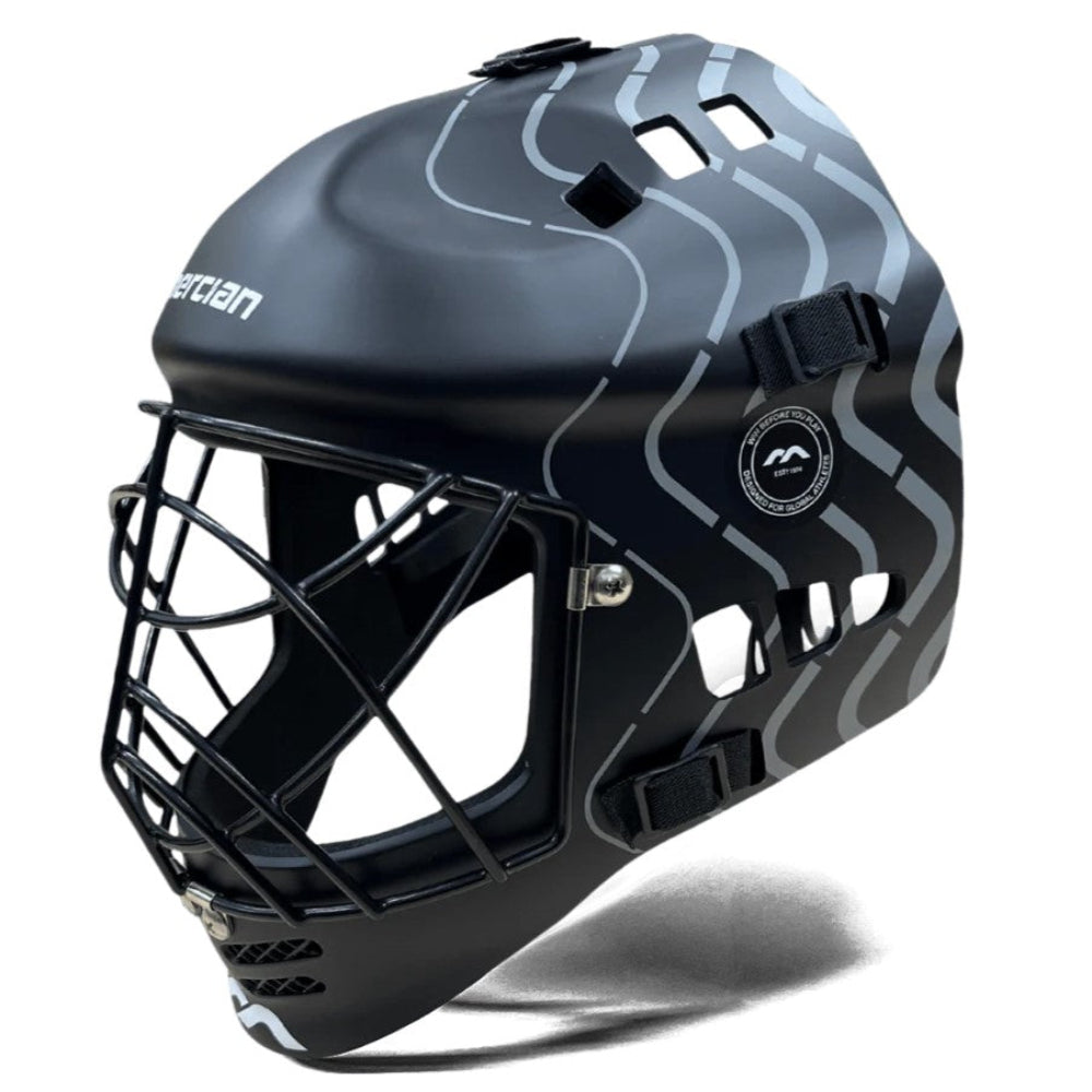 Black and gray helmet with a cage on a white background