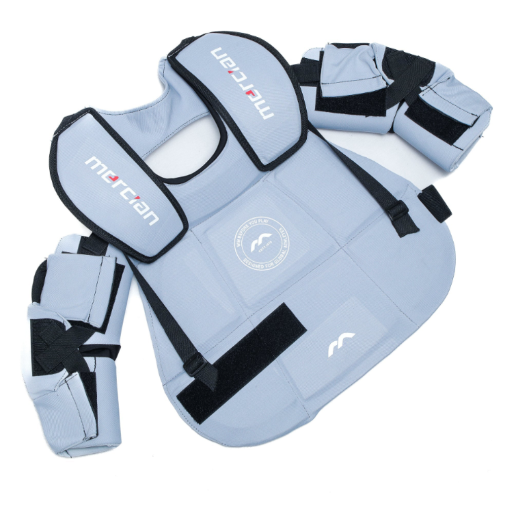Light blue protective gear set with black accents on a white background