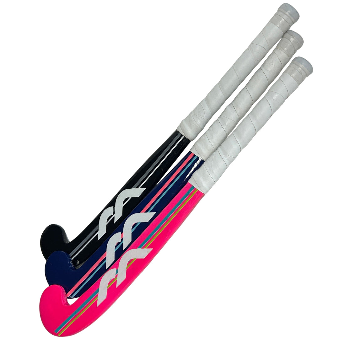 Field Hockey stick with white handle and pink and blue shaft on a white surface