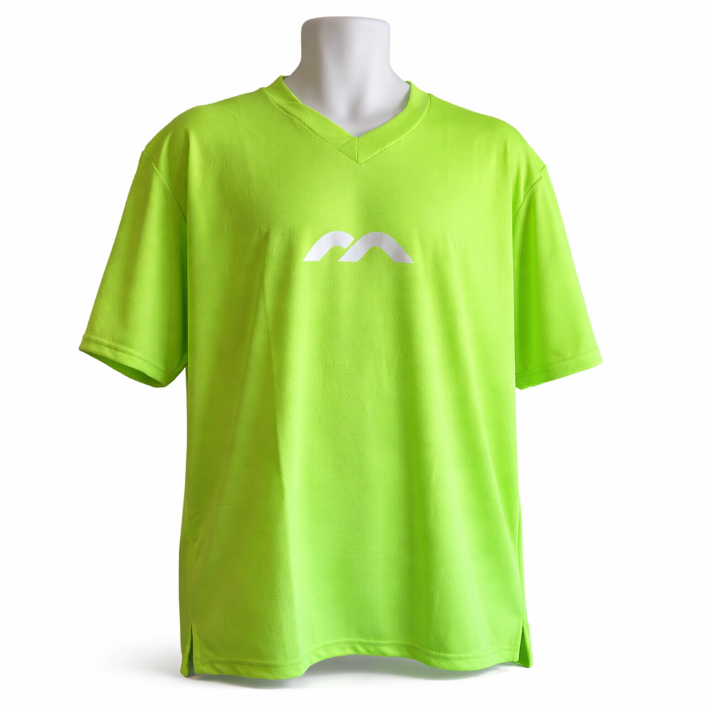 Bright green t-shirt with a logo on a mannequin against a white background