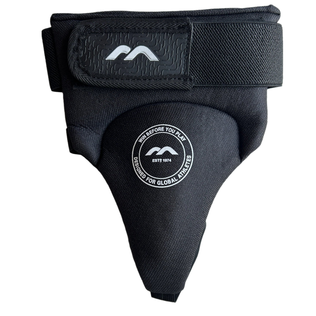 Black female field hockey pelvic protector with branding on a white background