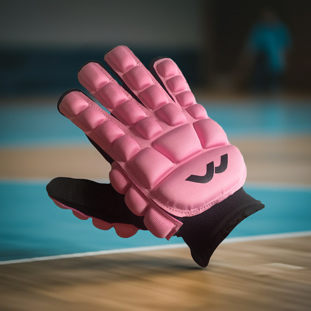 Mercian Right Hand Pink Glove on a indoor court background