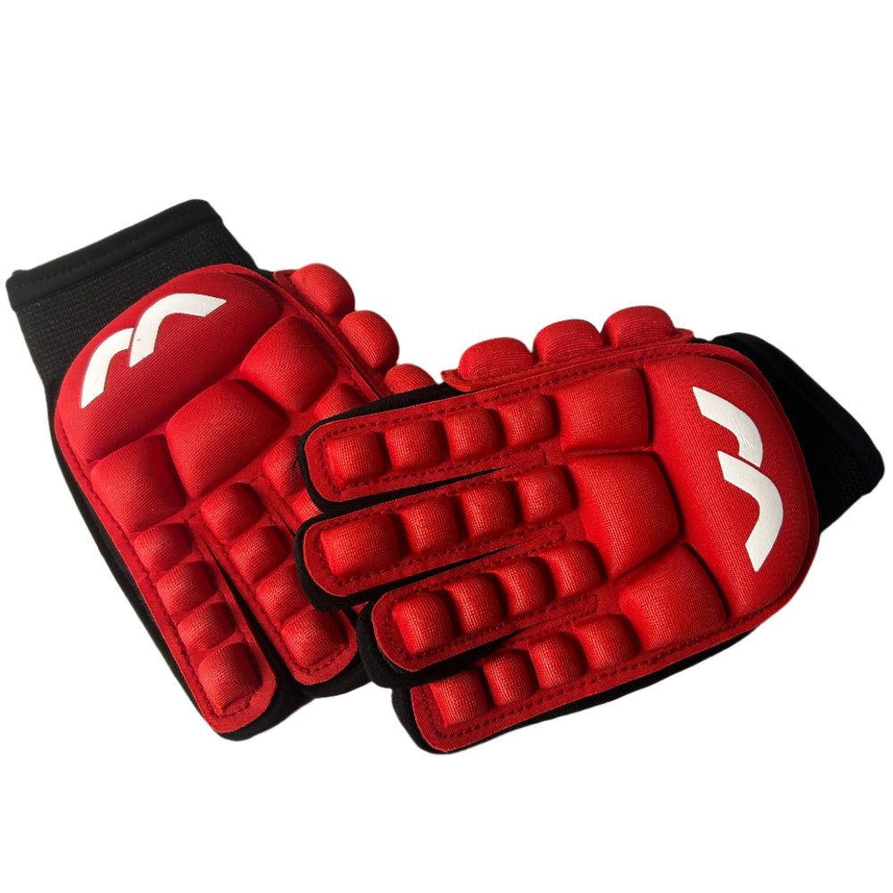 Red protective gloves with black straps on a white background