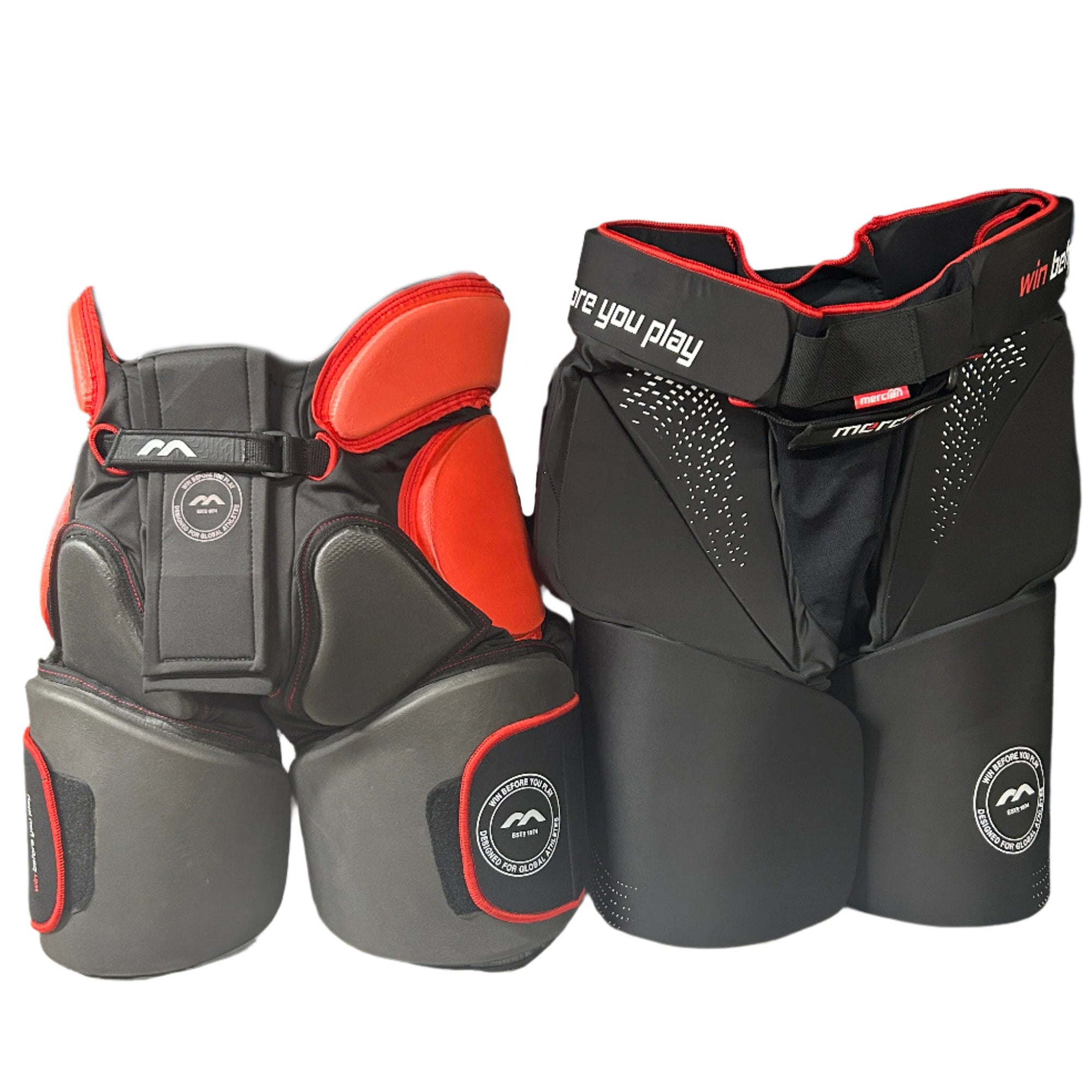 Black and red protective sports gear with visible branding on a white background