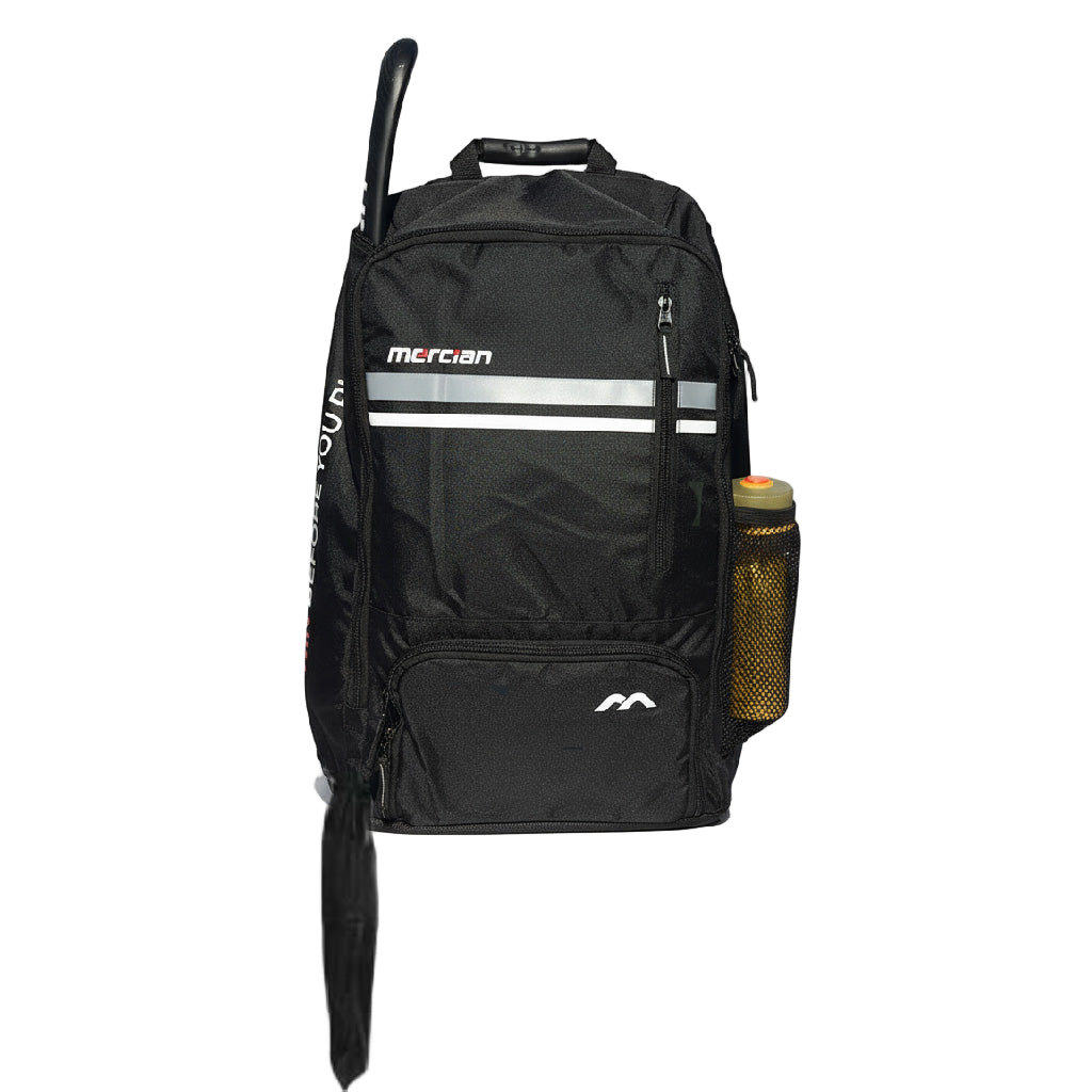 Black sports backpack with a stick and bottle on a white background