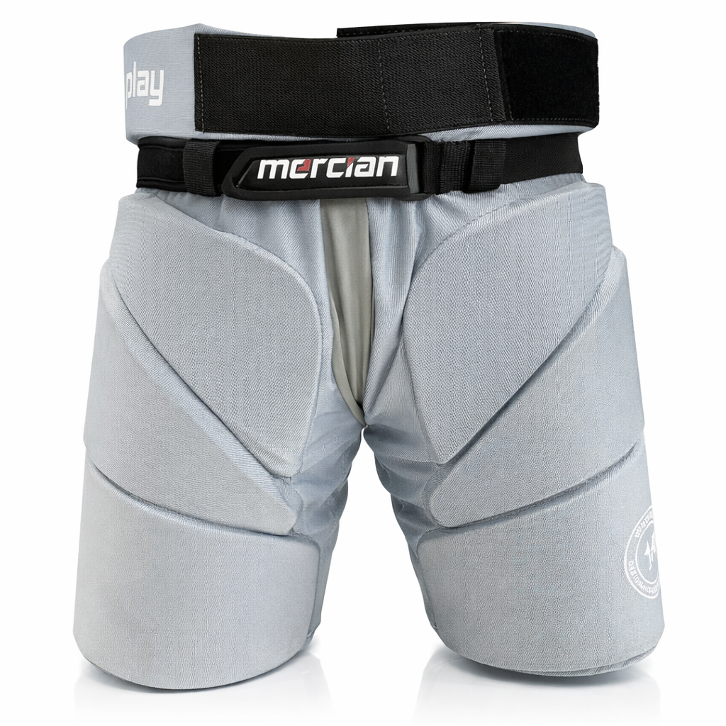 Gray protective sports pants with a black belt featuring 'Mercian' branding on a white background.
