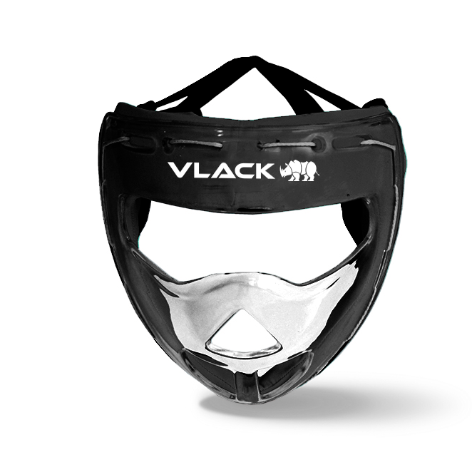 Black face shield with clear visor on a white background, featuring the Vlack brand.