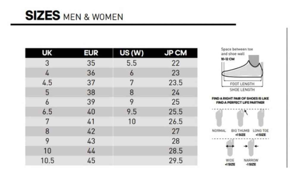 Size chart for shoes comparing UK, EUR, US (W), and JP CM with foot length diagram on a white background.