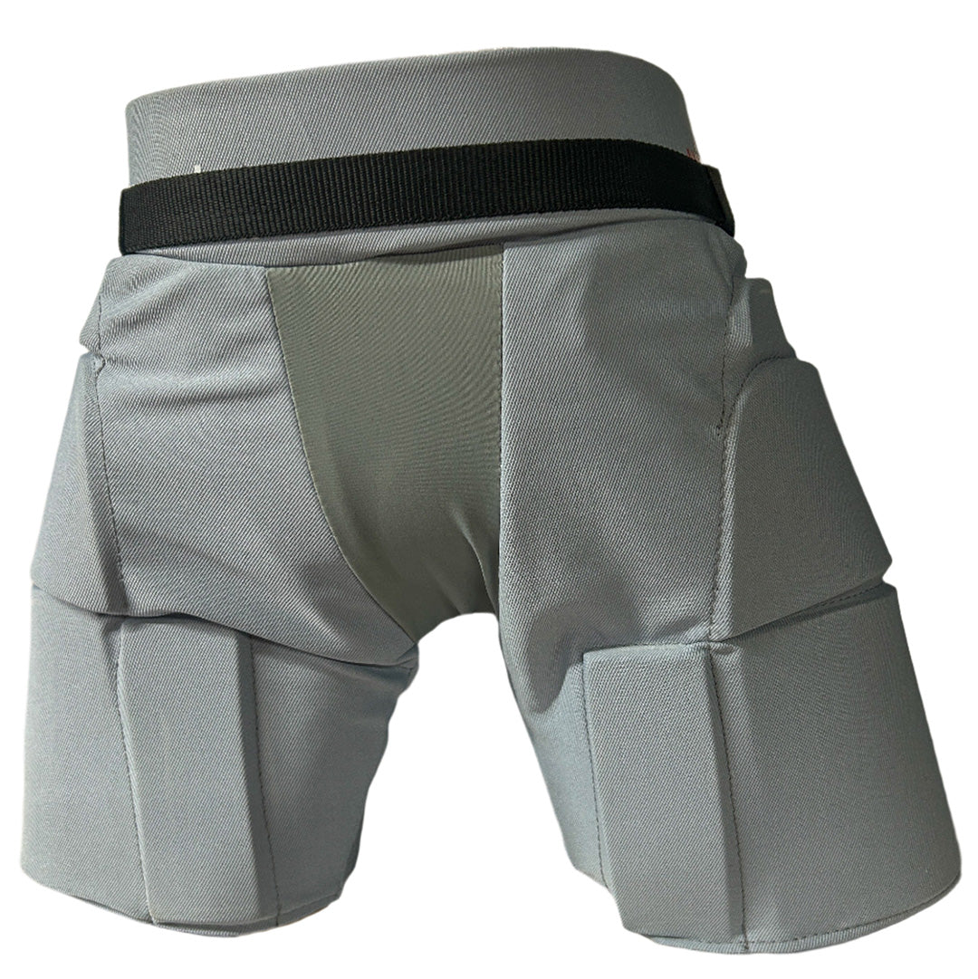 Gray protective shorts with padding on a white background