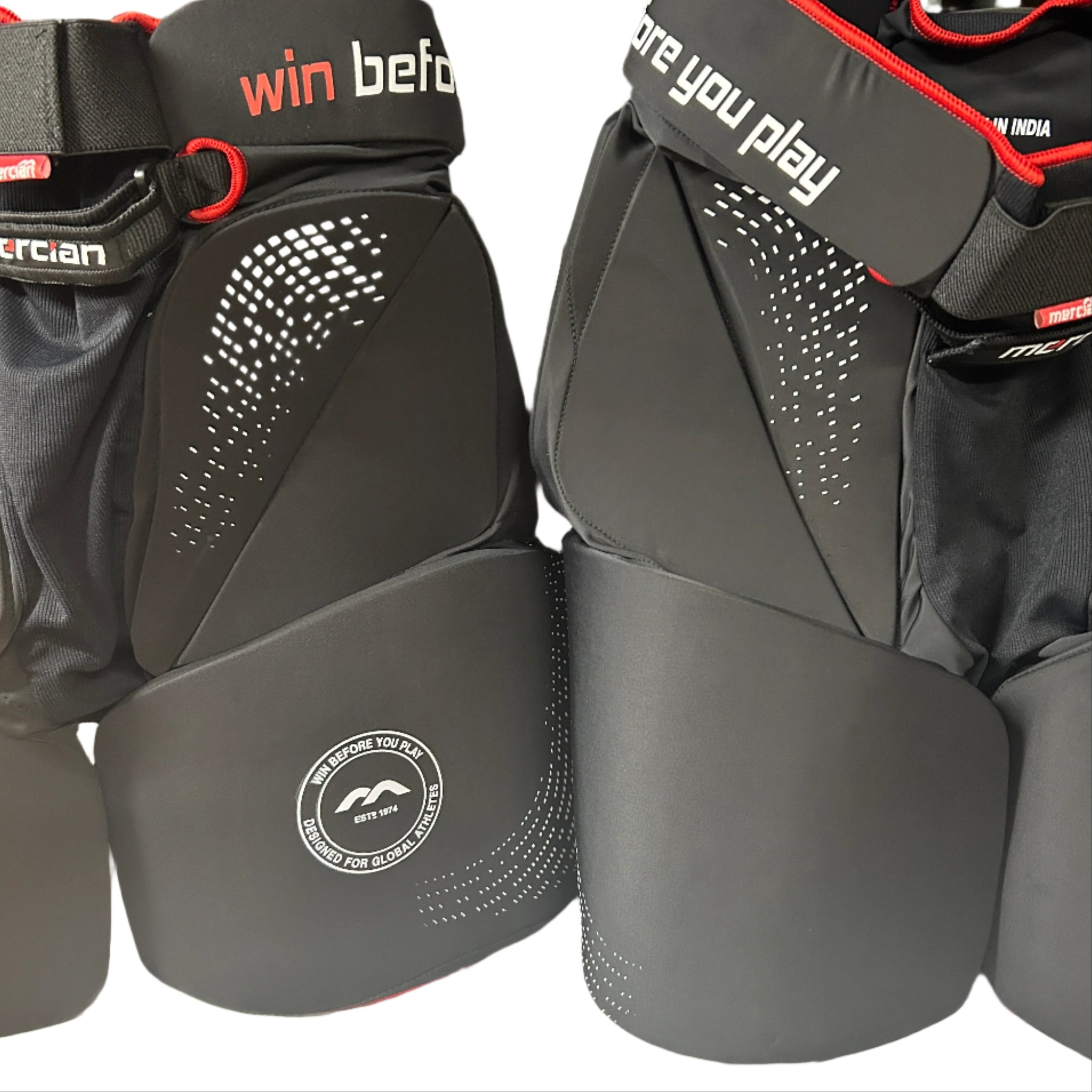 Pair of black protective knee pads with branding on a white background