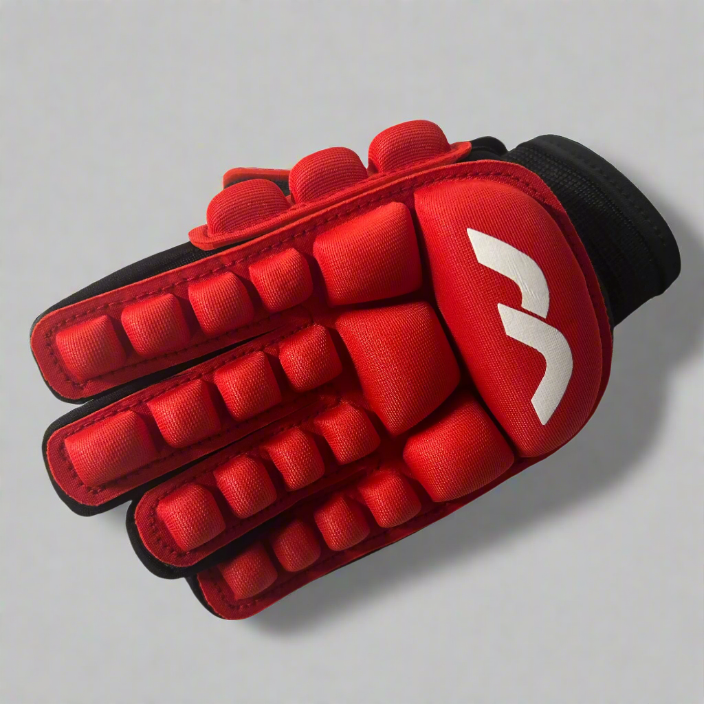 Red and black glove with a white logo on a gray background