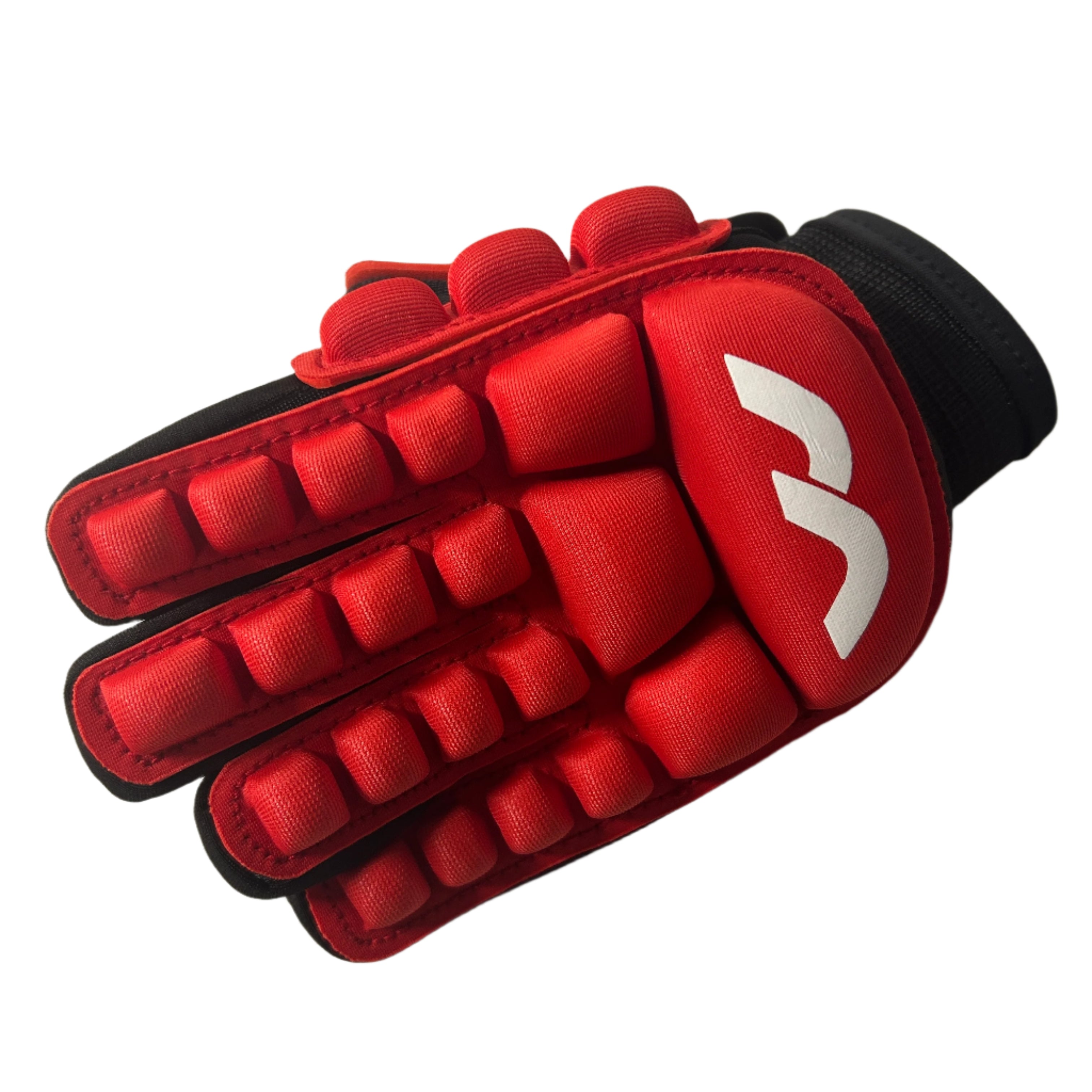 Red protective glove with black accents on a white background