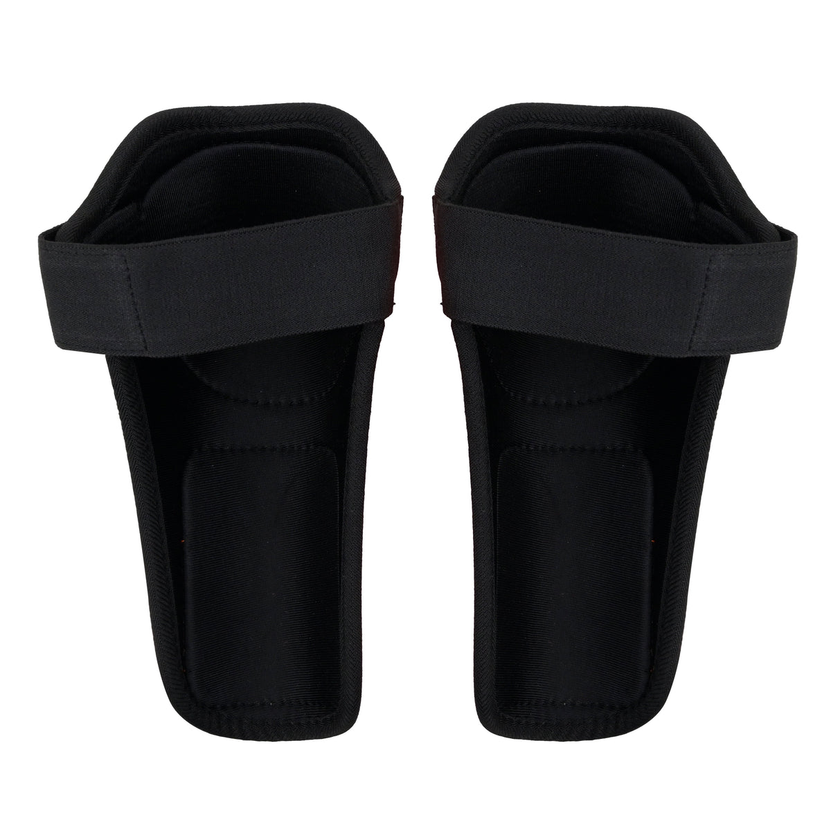 Pair of black shin guards on a white background