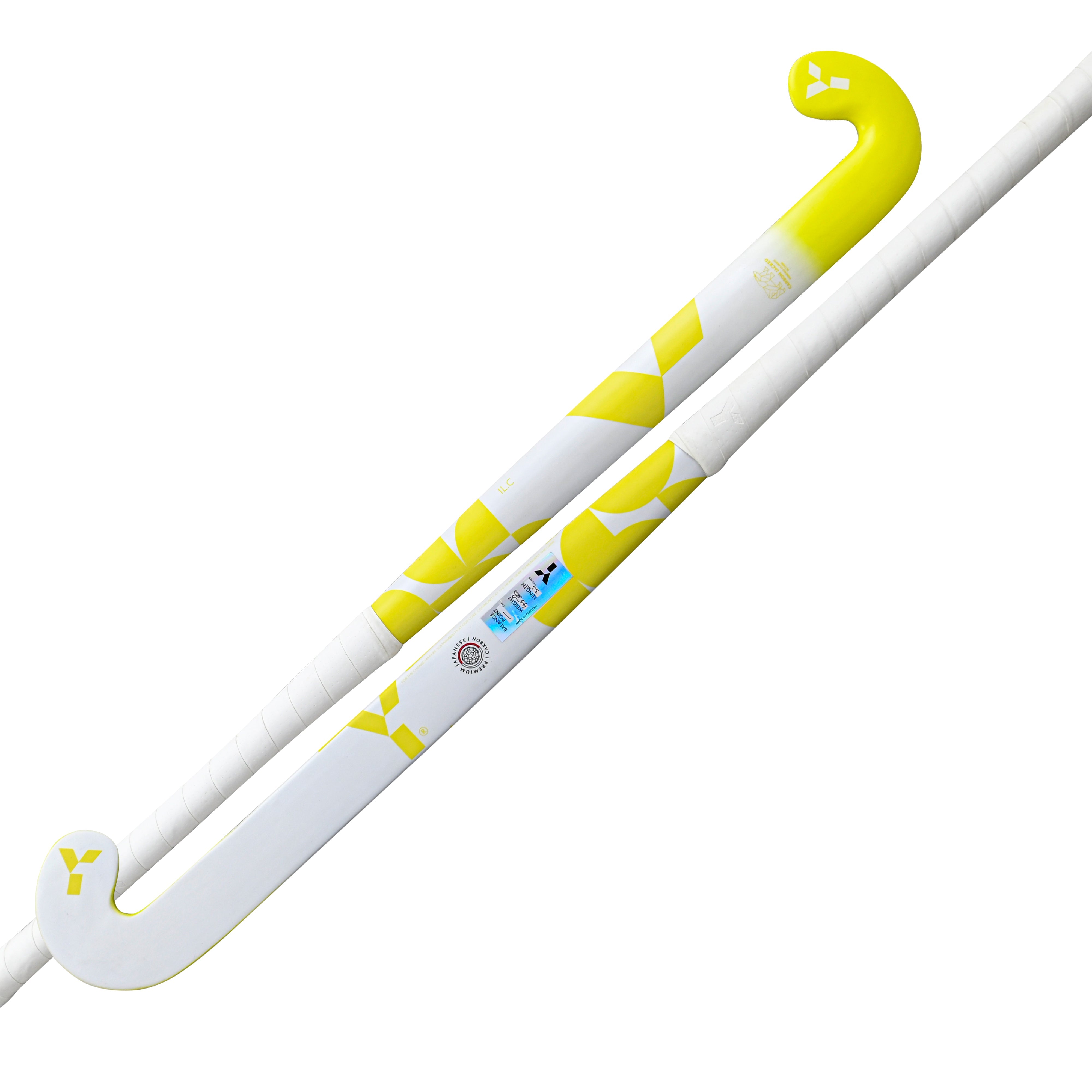 Two white and yellow hockey sticks on a white background