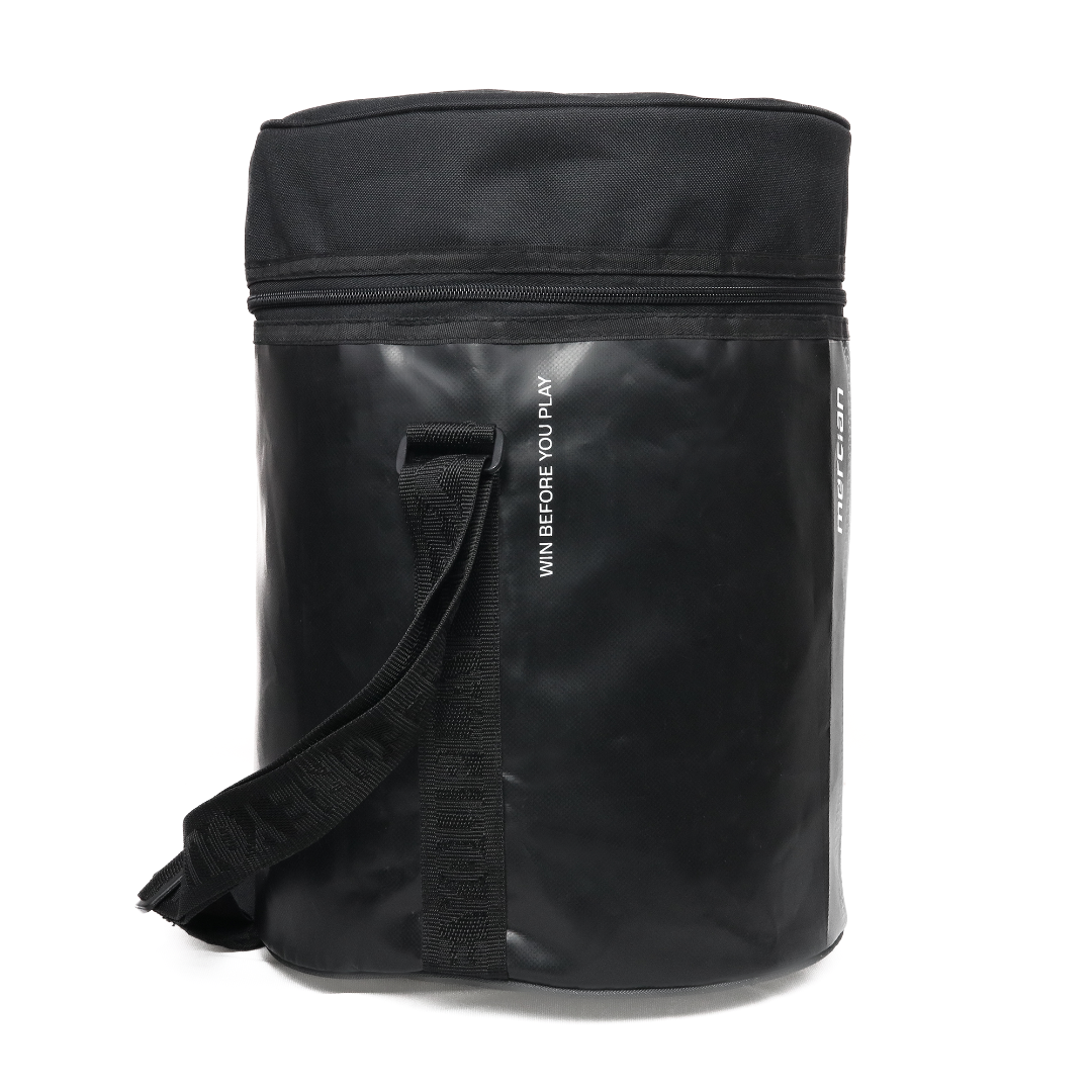 Black cylindrical bag with a strap on a white background