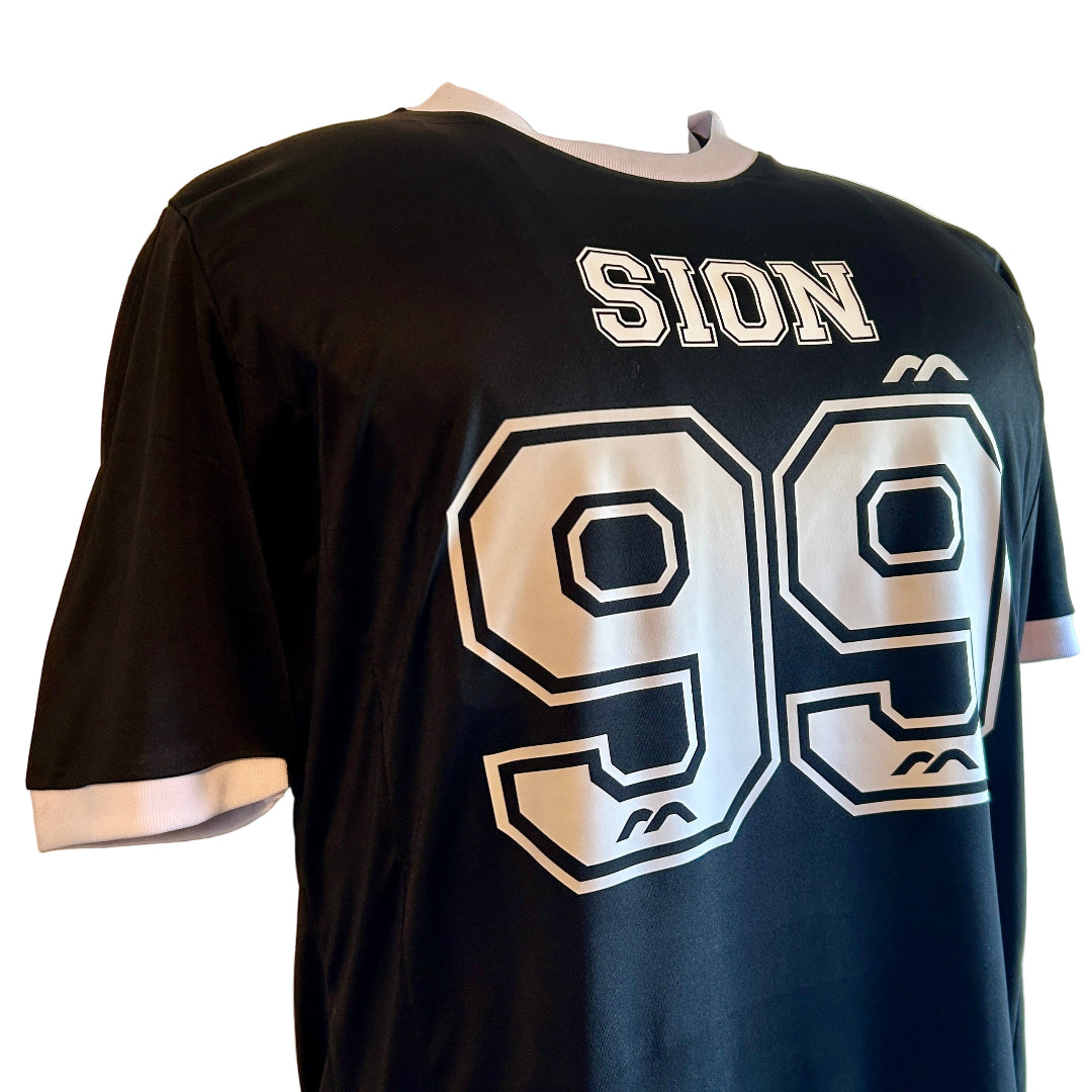 Black t-shirt with 'SION' and number '99' printed on it
