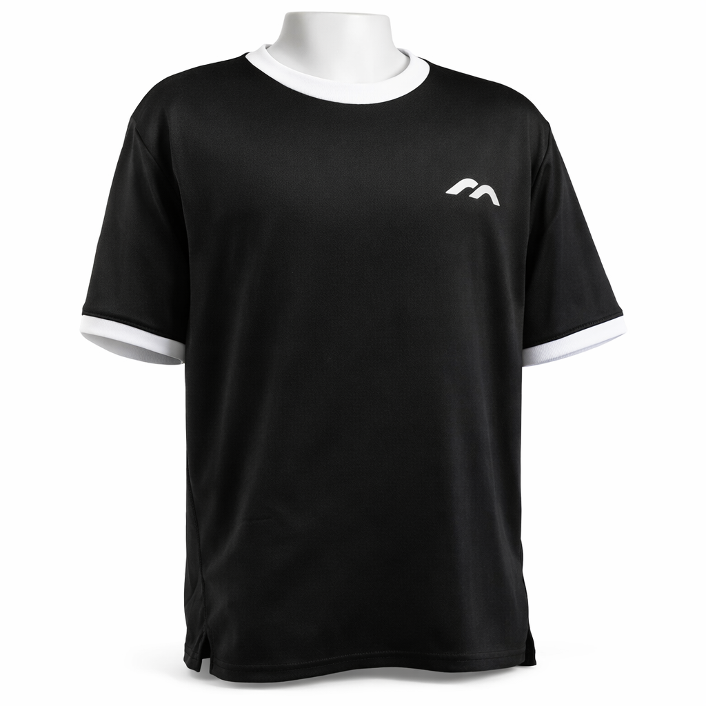 Black goalie smock with white trim on a mannequin against a white background