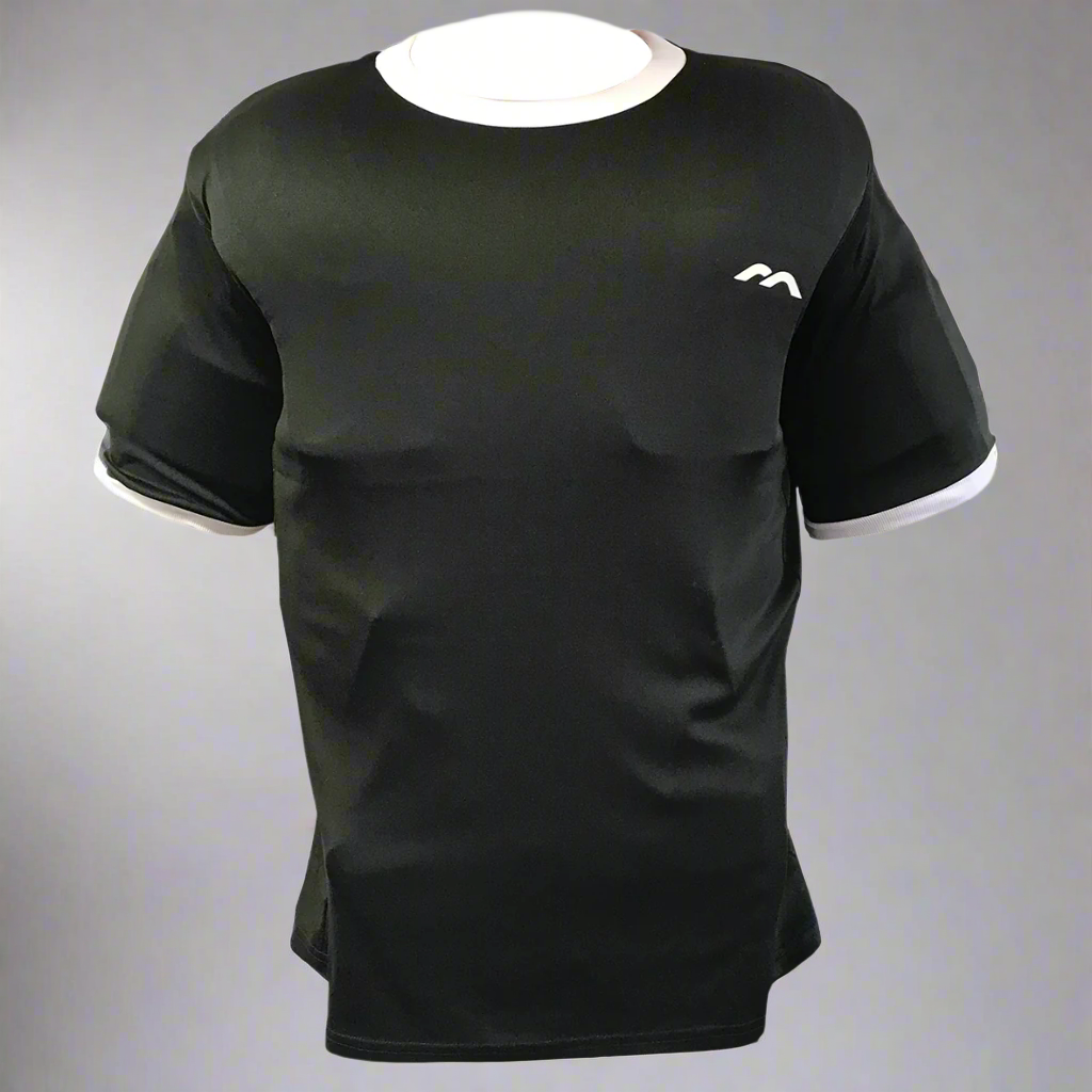 Black t-shirt with a logo on the chest against a gray background