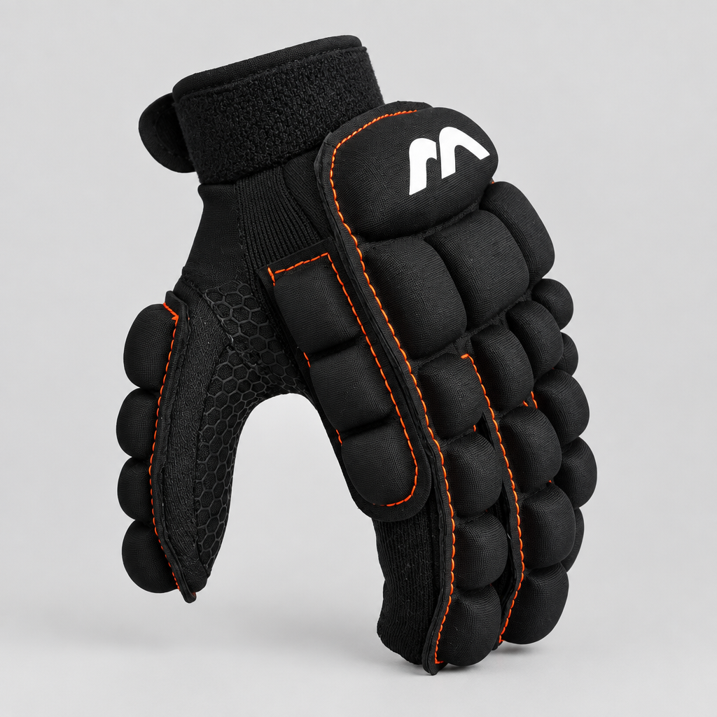 Black protective glove with red stitching on a white background