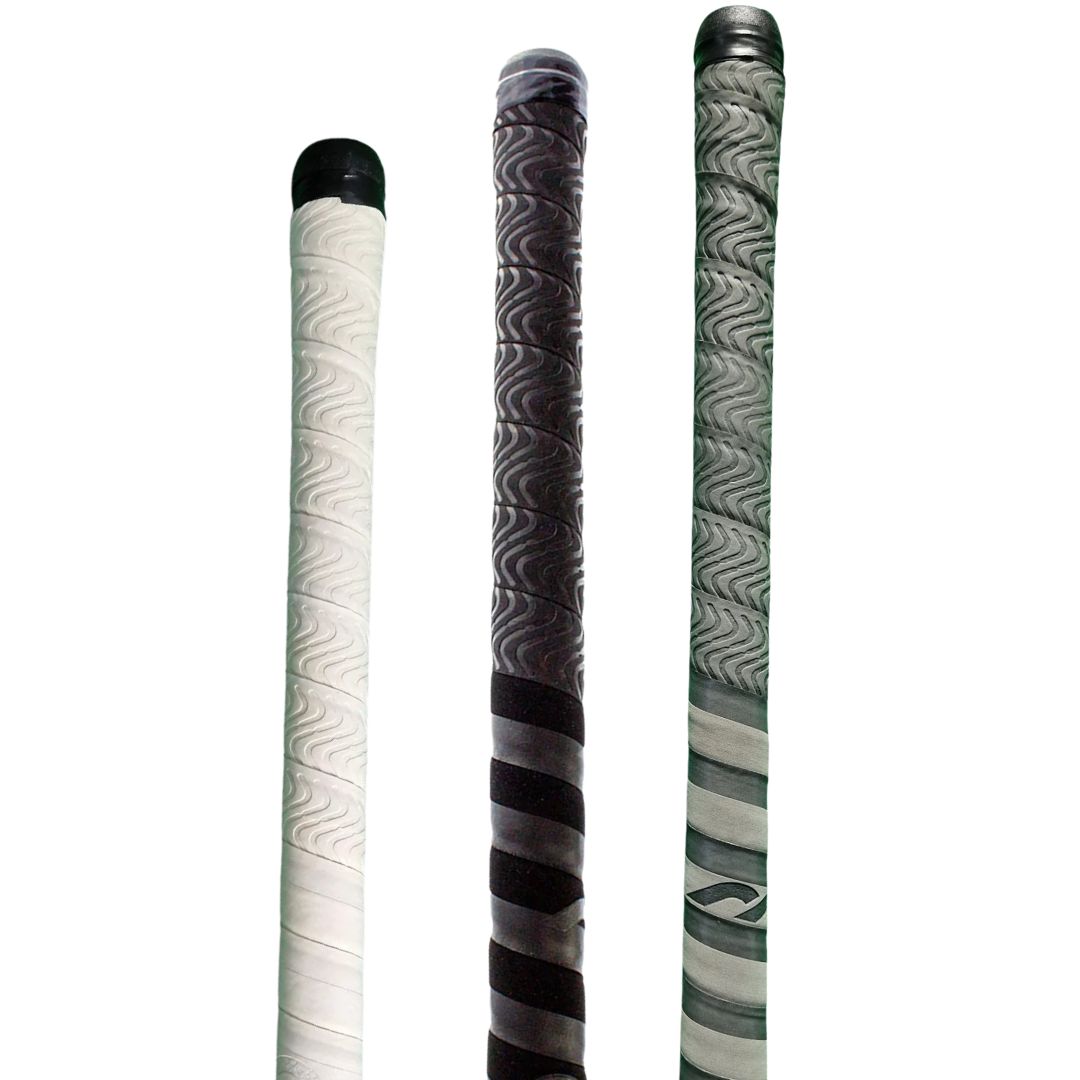 Three field hockey grips with different patterns on a white background