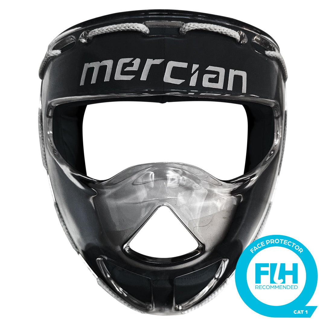 Black protective face guard with 'mercian' branding and FLH certification logo on a white background