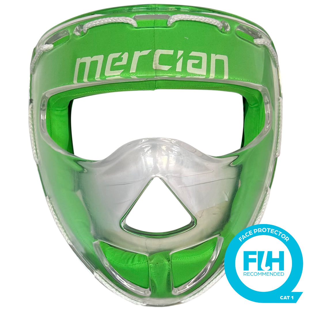 Green face mask with 'mercian' branding and FIH certification logo on a white background
