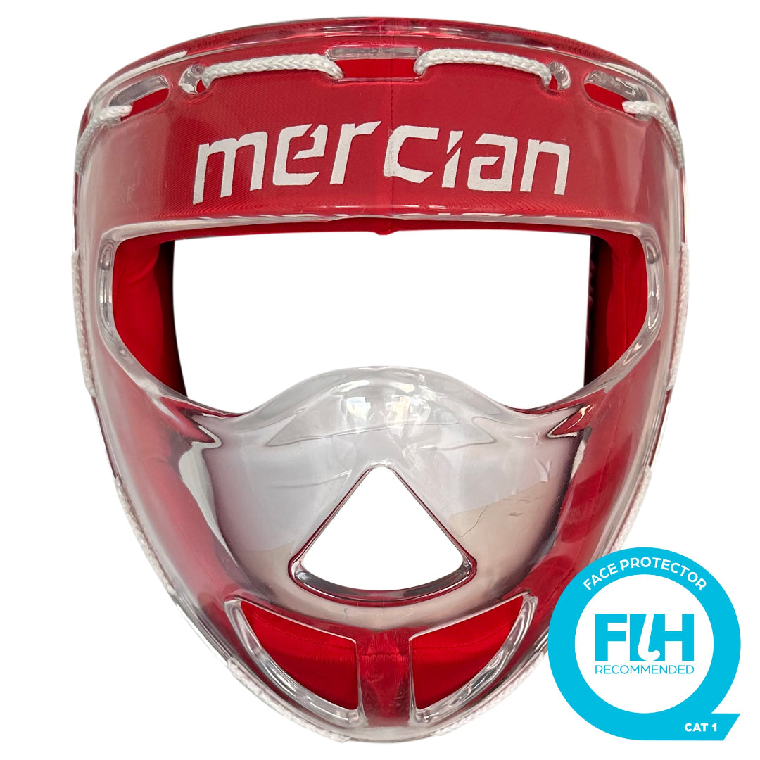 Red face protector with clear visor and 'mercian' branding on a white background