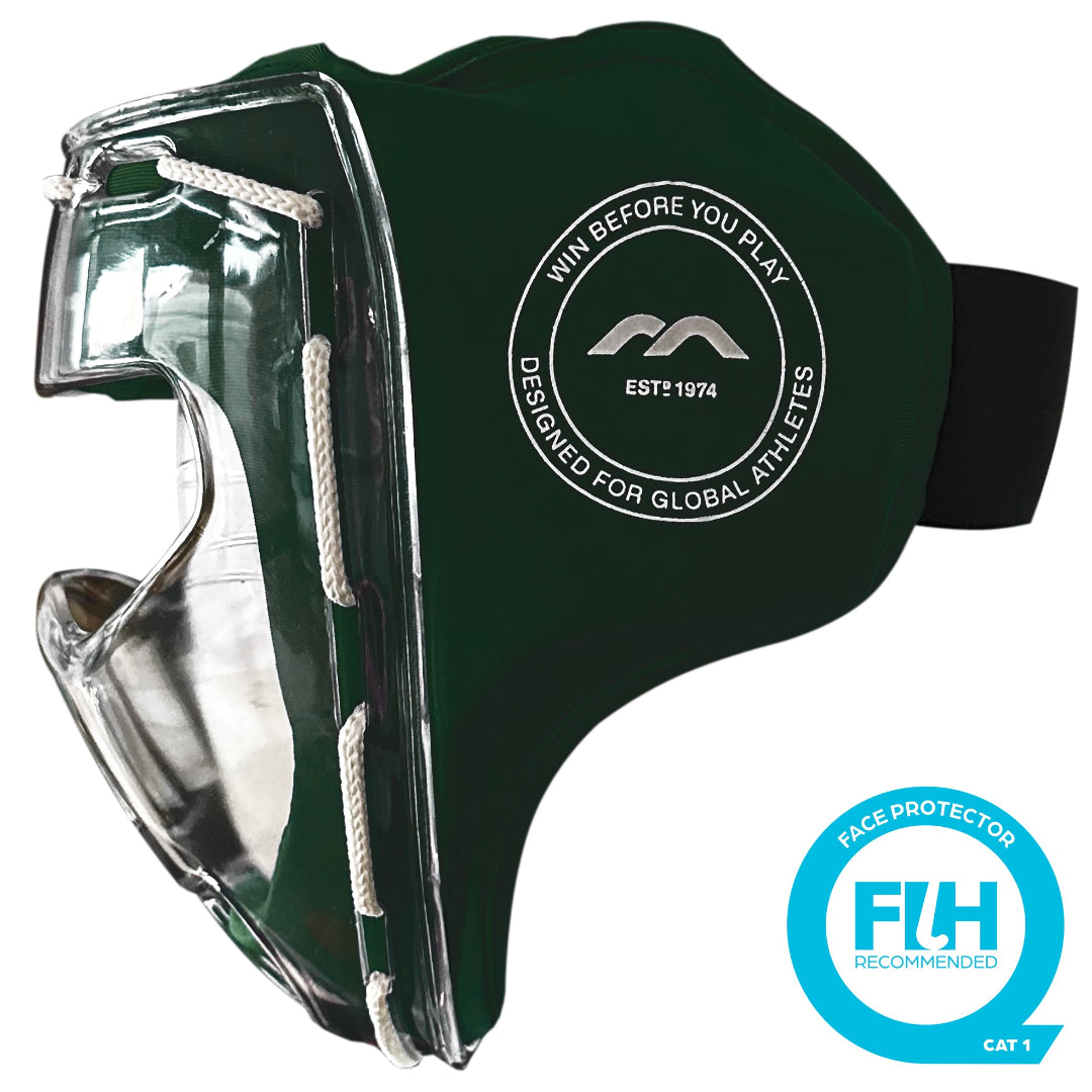 Black headgear with clear face guard and brand logo on a white background