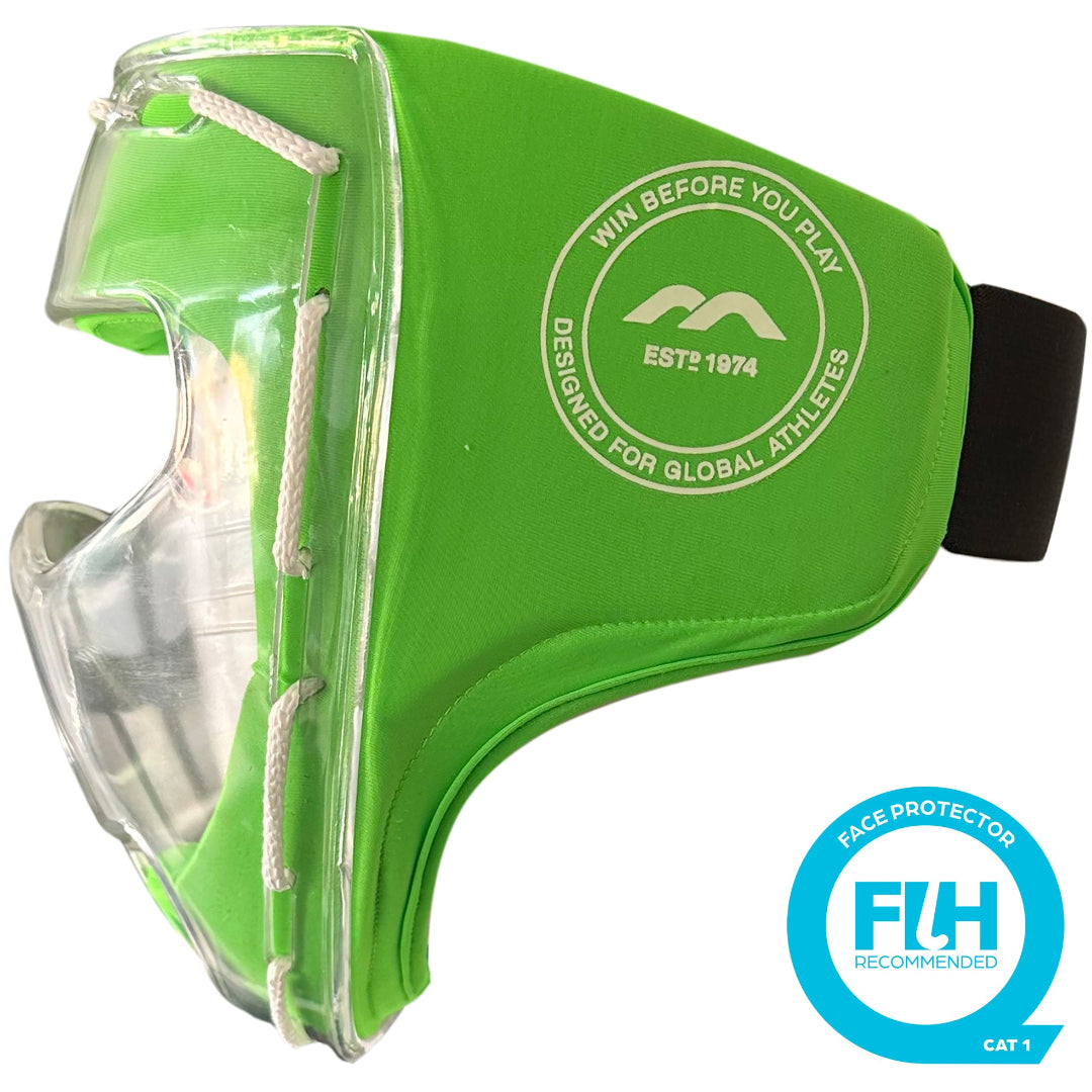 Green face protector with a brand logo and certification label on a white background