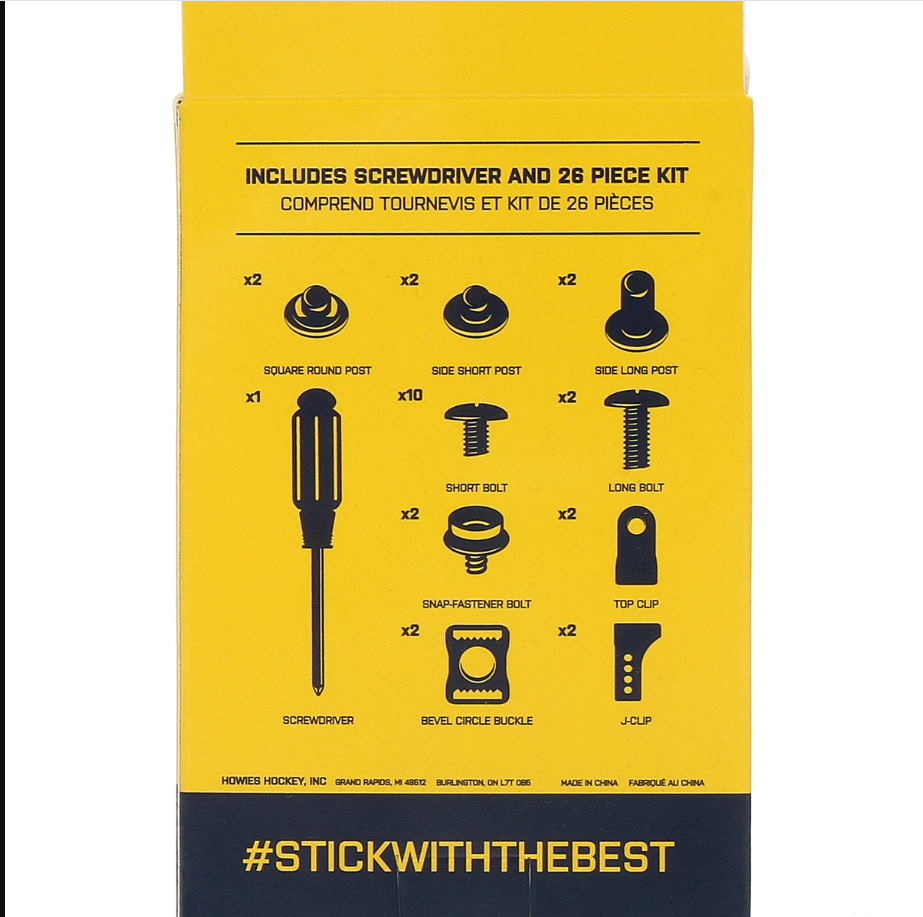 Yellow and black retail packaging showing a 28-piece screwdriver kit contents with illustrated tools and text labels, including a screwdriver and various mounting pieces.