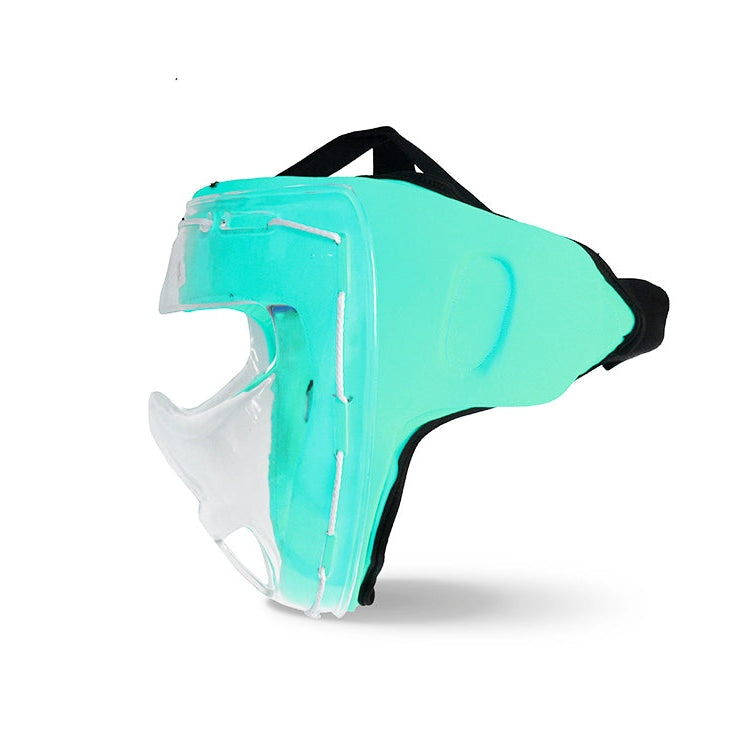 Turquoise and clear protective gear on a white background
