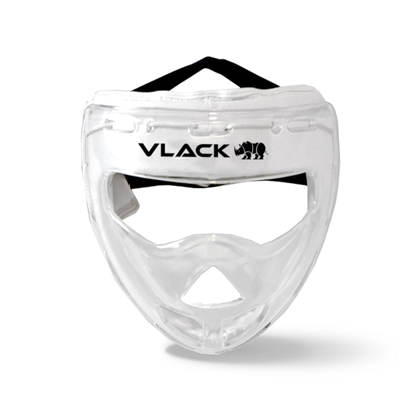 Clear face guard with black straps on a white background, featuring the Vlack brand.