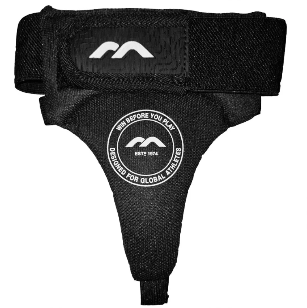 Black athletic support brace with branding on a white background