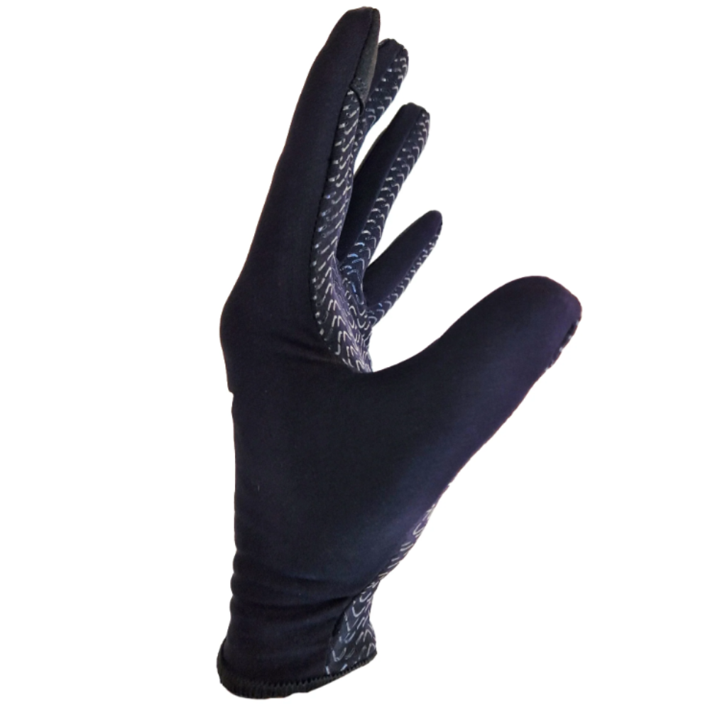 A single black field hockey glove with textured grip patterns on the back of the hand, shown against a plain white background.