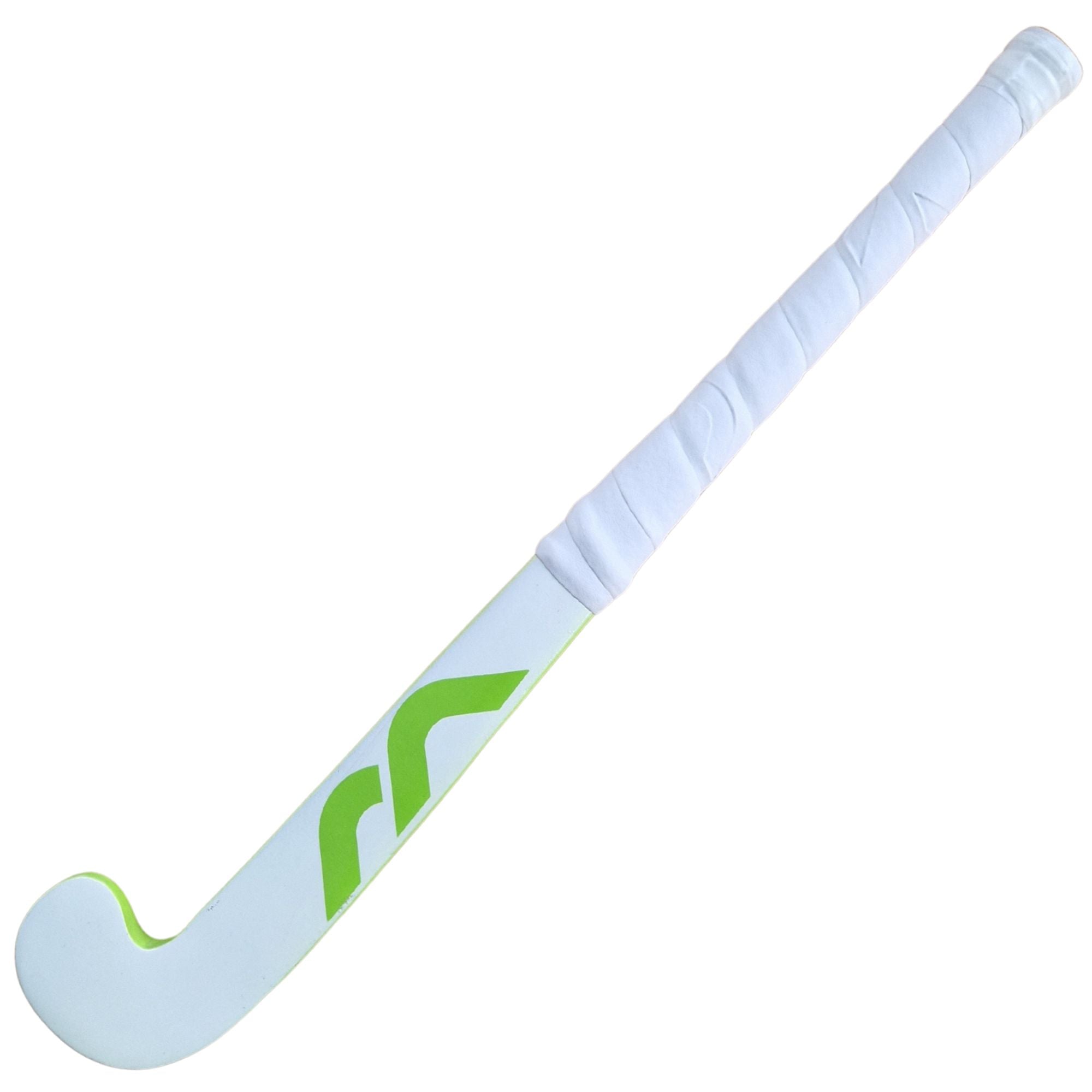 White and green hockey stick on a white background