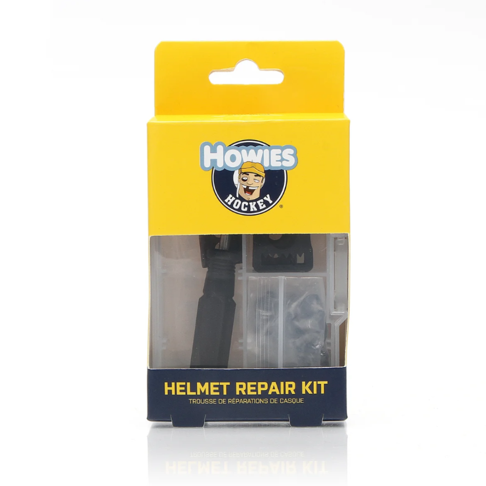 Howies Hockey Helmet Repair Kit in its original retail packaging, featuring a bright yellow box with a clear window showing the black and clear repair tools inside.