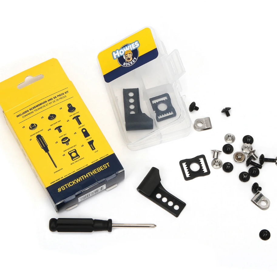 Howies Ready hook and 2 prong screw kit with its yellow and blue retail packaging, shown with the included black hook, screws, washers, and screwdriver on a white background.
