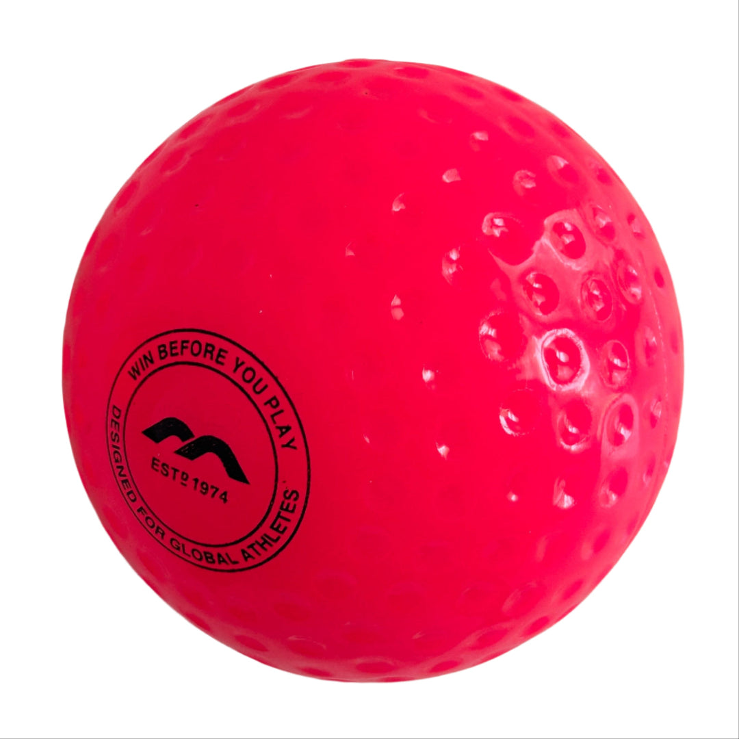 Pink field hockey ball with a black logo and text on a white background